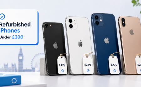 Refurbished iPhones under £300 displayed with price tags in the UK.