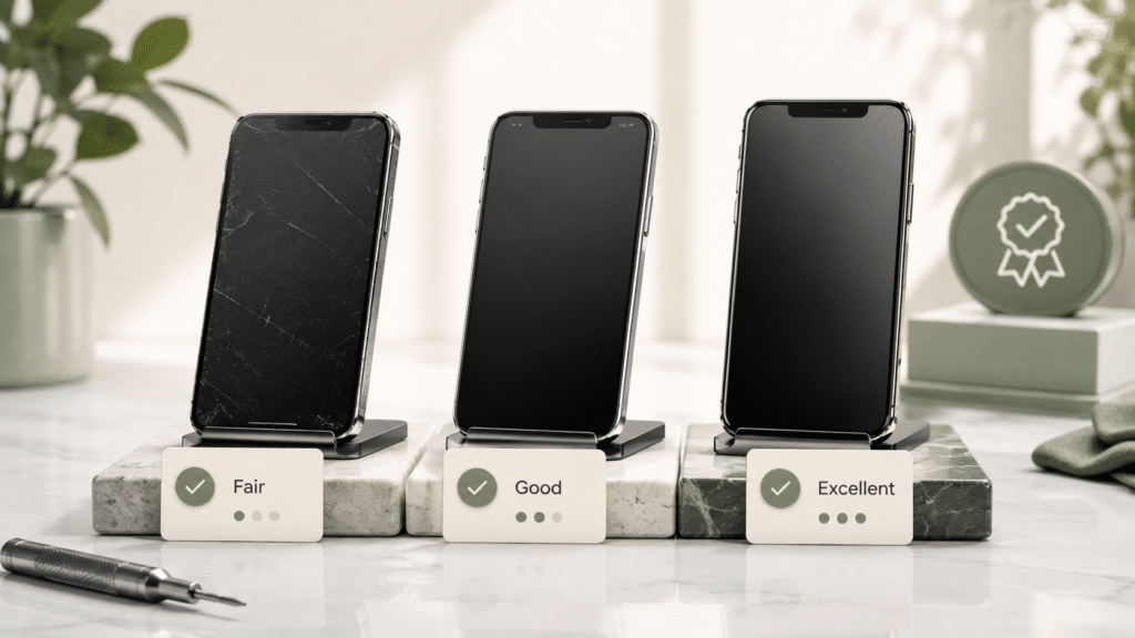 Refurbished smartphones displayed in Fair, Good and Excellent condition grades.