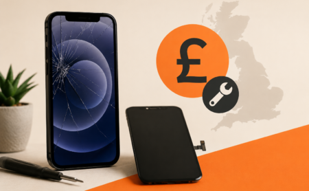 Cracked iPhone with replacement screen and repair tools representing iPhone screen repair costs in the UK.