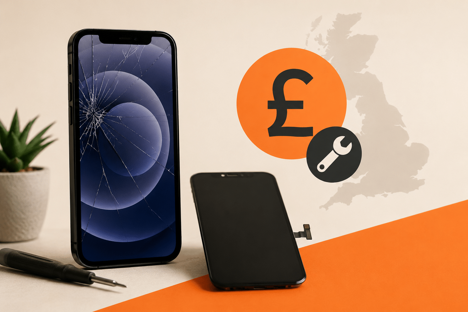 Cracked iPhone with replacement screen and repair tools representing iPhone screen repair costs in the UK.